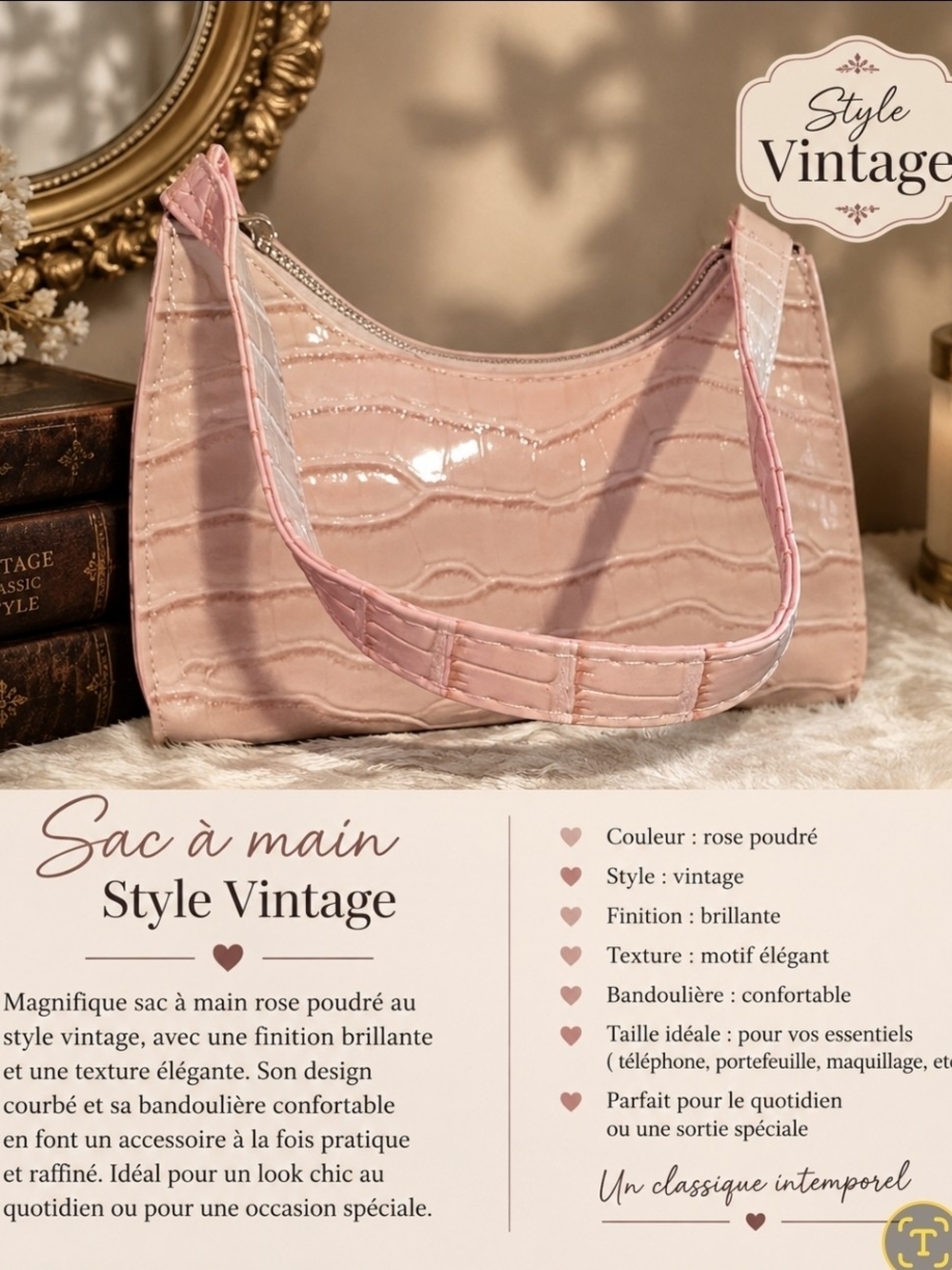 Vintage Powder Pink Croc-Embossed Shoulder Bag
